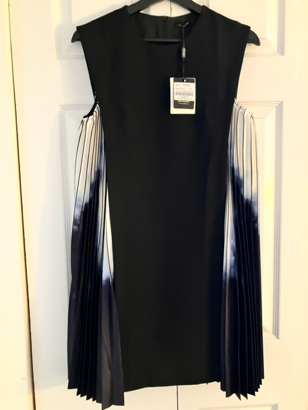Sleeveless Black Shift Dress with Navy Ombre Pleated Panels